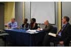 Friday Forum Panelists Ollie Davidson, Tania Smith, SIS/BA '13, Dshwana Bernard, SPA/BA '11, Mark Schneider, and Joe Eldridge